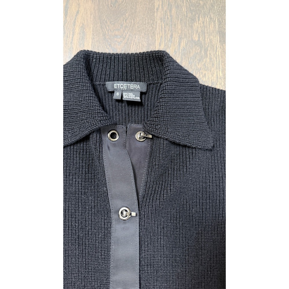 Etcetera Cardigan Black 100% Wool Ribbed Belted Toggle Collared Sweater S - Picture 7 of 9